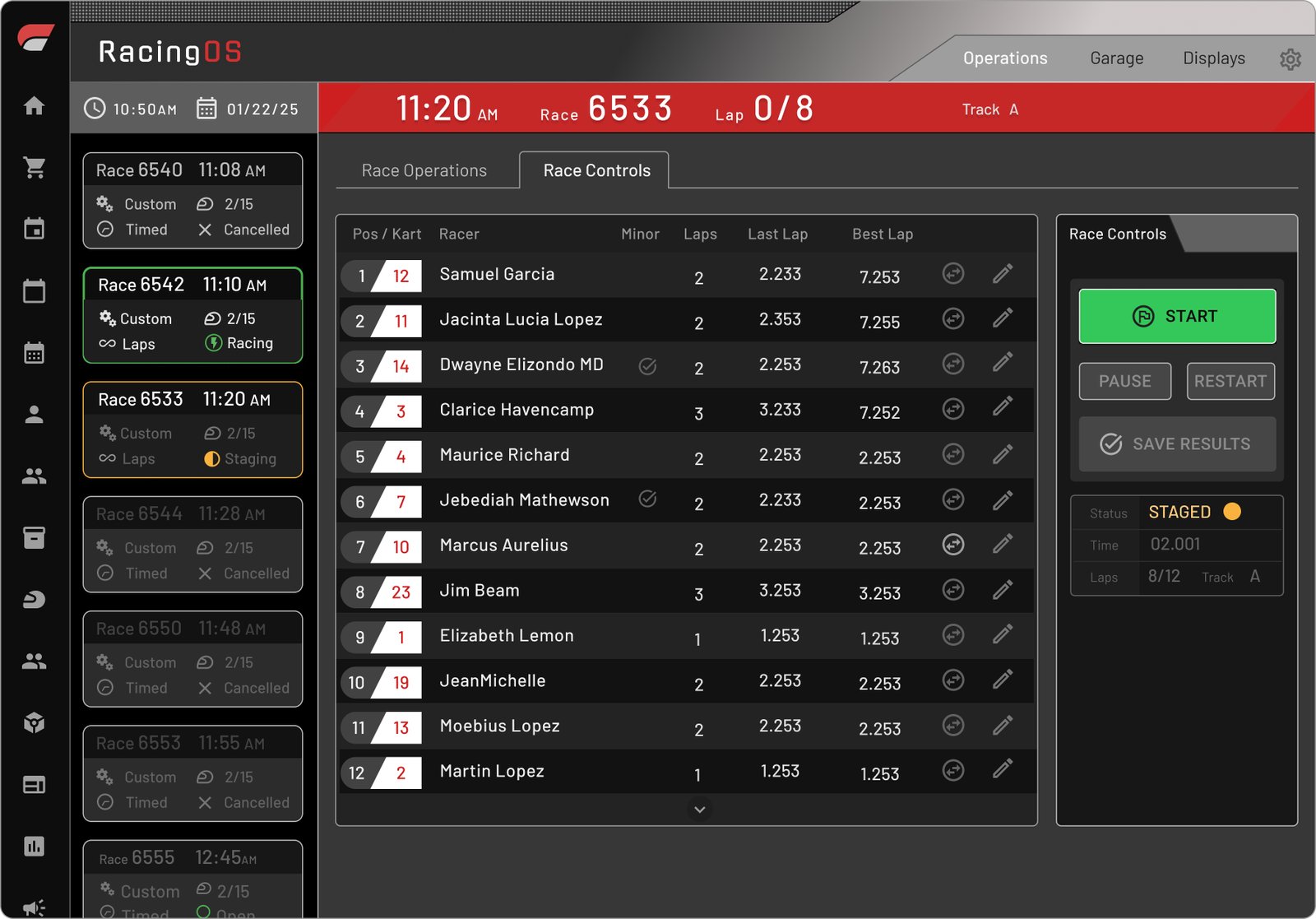 RacingOS race controls in dark mode