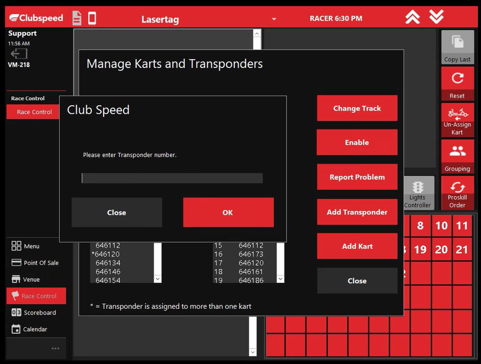Legacy Clubspeed interface showing a kart transponder assignment screen inside a Lasertag category