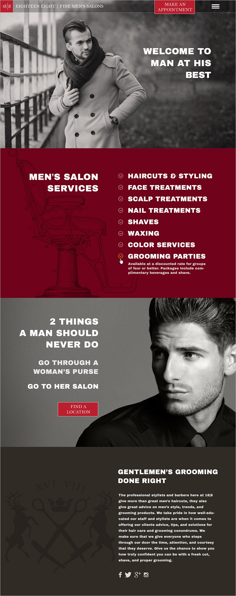 Full-length 18|8 Fine Men's Salon homepage redesign with lifestyle photography, service list, and grooming editorial content