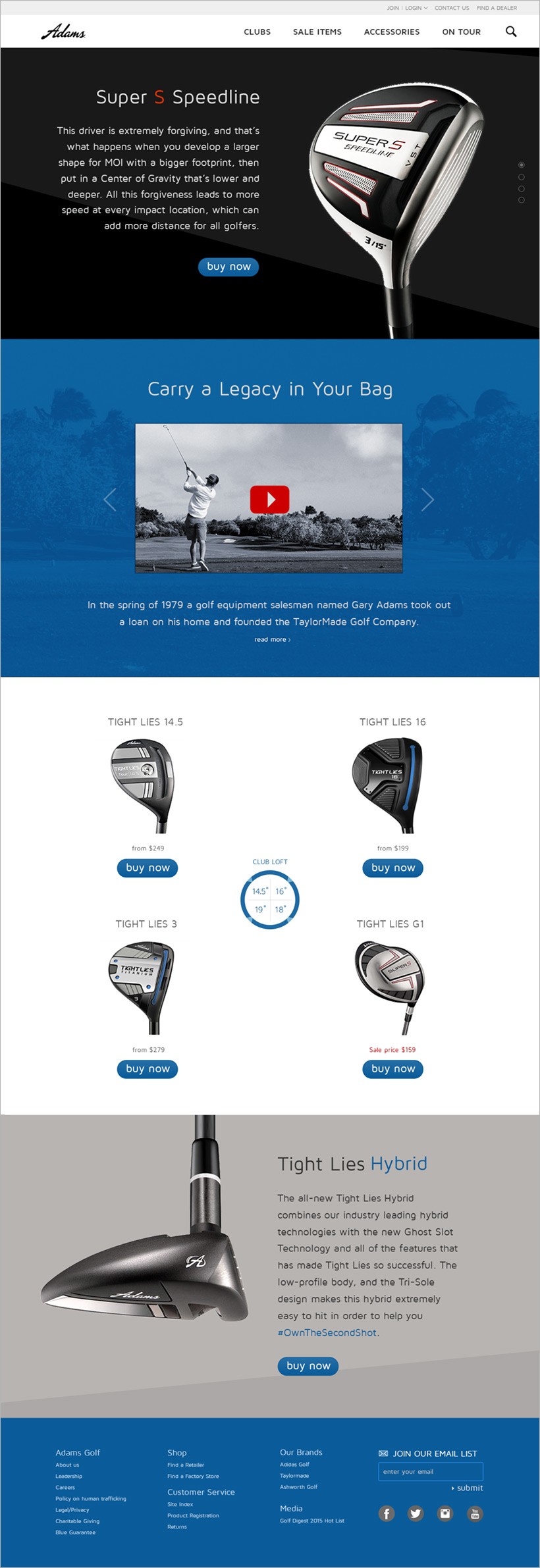 Full-length Adams Golf homepage redesign showing product sections, heritage story, and responsive layout