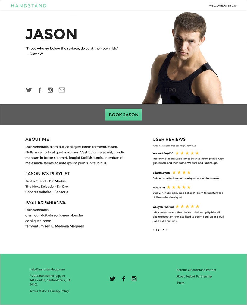 Handstand trainer detail page design showing trainer profile with bio, testimonials and booking options