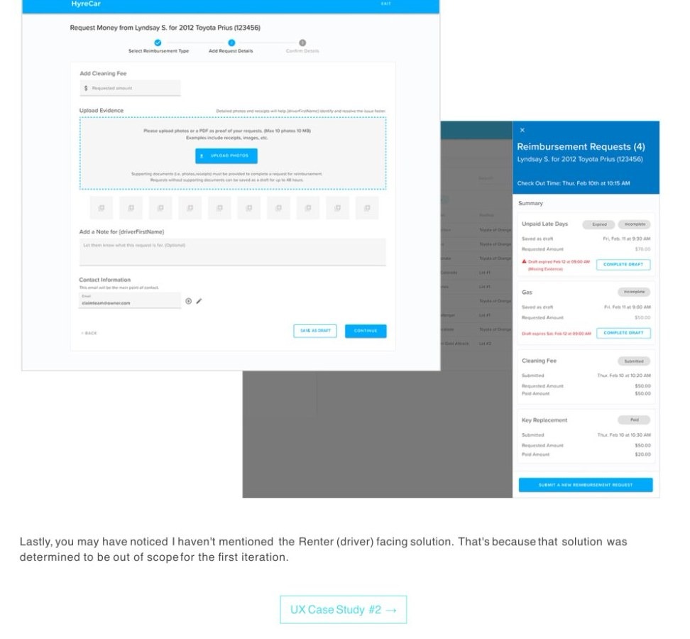 Final design solution: the reimbursement request intake form showing request type selection, evidence upload, Save as Draft and Continue buttons, overlapping with the Reimbursement Requests side panel showing four active requests with statuses including Expired, Incomplete, Submitted, and Paid